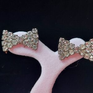 Rhinestone Pierced Earrings - Rhinestone Bows - Estate Collection - 1970 Circa